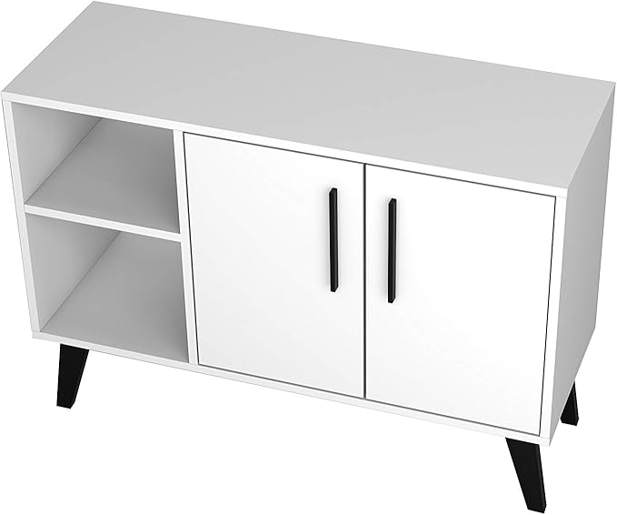 Manhattan Comfort Amsterdam Mid Century Modern Sideboard with 2 Open Cubby Spaces & 2 Concealed Shelves, Versatile and Functional Buffet Cabinet, Media Console for 32'' TV, Matte White