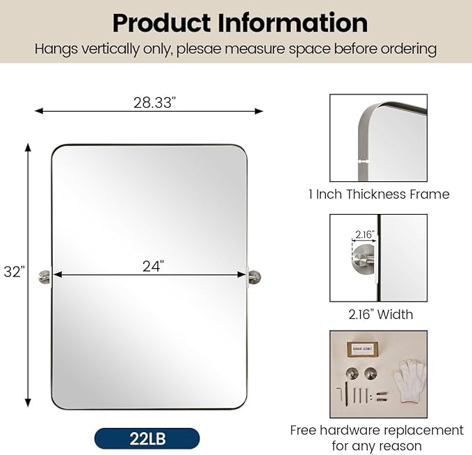 MOON MIRROR Brushed Nickel Pivot Mirror for Bathroom, Tilt Rounded Rectangle for Vanity, Overall 28.33 x 32 in (Mirror 24x 32 in)