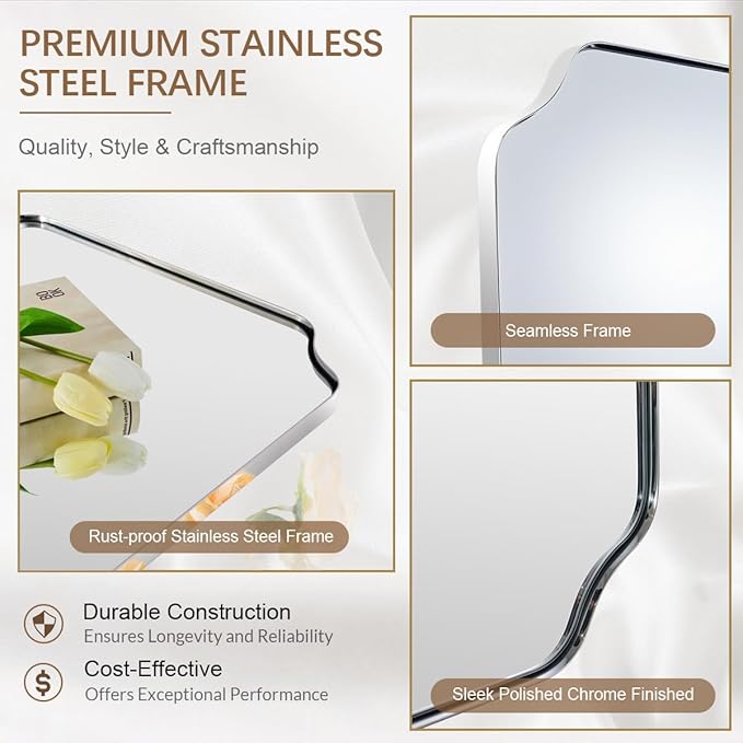 ANDY STAR Chrome Bathroom Mirror, 24x36 Inch Polished Chrome Rectangle Mirror, Scalloped Bathroom Mirror with Stainless Steel Metal Frame, Thin Frame Deep 1’’