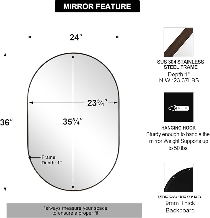 ANDY STAR Bronze Bathroom Mirror, 24x36 Brushed Bronze Oval Mirror, Oval Wall Mirror, Oval Vanity Mirror Metal Frame Deep 1’’ for Bathroom, Bedroom, Living Room, Entryway, Hang Vertical or Horizontal