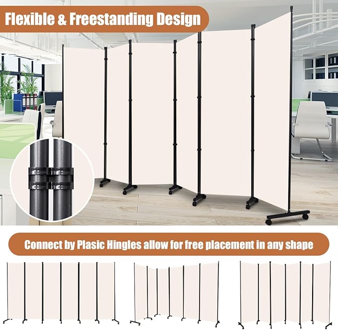 Room Divider Portable 132'' Partition Room Dividers and Folding Privacy Screens 6 Panel Wall Divider for Room Separation, Freestanding Fabric Room Divider Panel with Wheels for Home Office Hospital