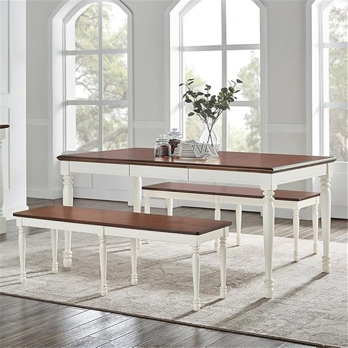 Crosley Furniture Shelby 3-Piece Traditional Dining Table Set for 6 with 2 Wood Benches, Distressed White