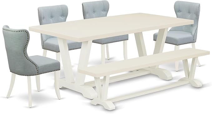 East West Furniture V027SI215-6 6 Piece Dining Set Contains a Rectangle Dining Room Table with V-Legs and 4 Baby Blue Linen Fabric Parson Chairs with a Bench, 40x72 Inch, Multi-Color