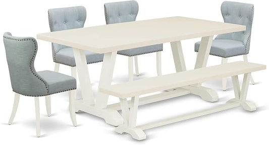 East West Furniture V027SI215-6 6 Piece Dining Set Contains a Rectangle Dining Room Table with V-Legs and 4 Baby Blue Linen Fabric Parson Chairs with a Bench, 40x72 Inch, Multi-Color