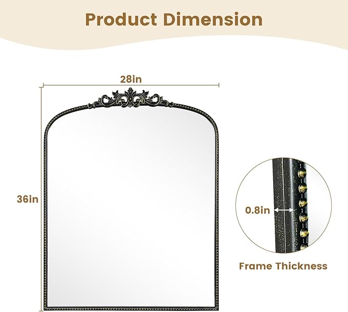 WallBeyond Gold Vintage Arched Mirror, 28x36 Inch, Black Ornate Frame, Wall Mounted, Rectangular, Art Deco Style for Bathroom, Living Room, Bedroom