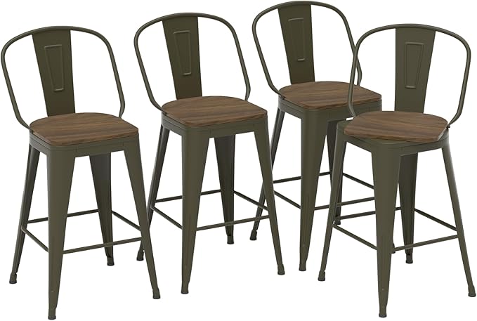 24” Swivel Bar Stools Set of 4, Counter Height Bar Stools Wooden Seat, Metal Industrial Bar Chairs with High Back for Kitchen Island (Rusty)