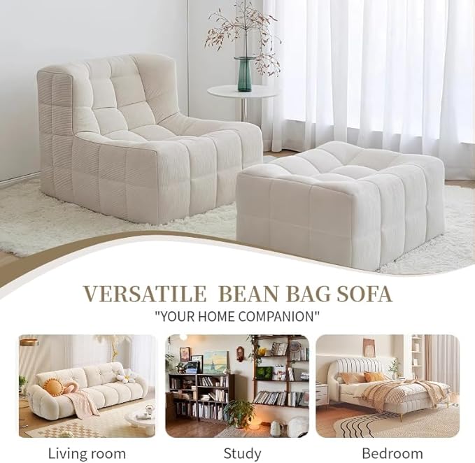 Bean Bag Chair - Memory Foam Bean Bag Chair for Adults, Comfy High-Resilience Single Sofa, Small Space Floor Chair, Chaise Lounge for Living Room, Bedroom (Beige, Square + Ottoman)
