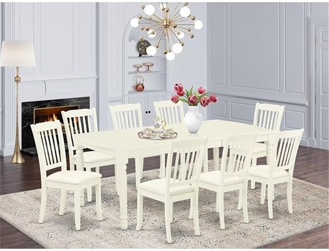 East West Furniture DODA9-LWH-C 9 Piece Dining Room Set Includes a Rectangle Kitchen Table with Butterfly Leaf and 8 Linen Fabric Upholstered Dining Chairs, 42x78 Inch, Linen White