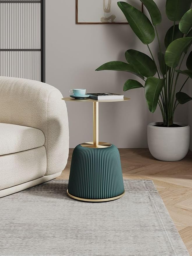 Manhattan Comfort Anderson Modern 15.75" Round End Tables 1.0 - Elegant Leatherette Upholstered Base with Pleated Design & Gold Steel Tabletop, Fully Assembled Accent Furniture, Set of 1, Green