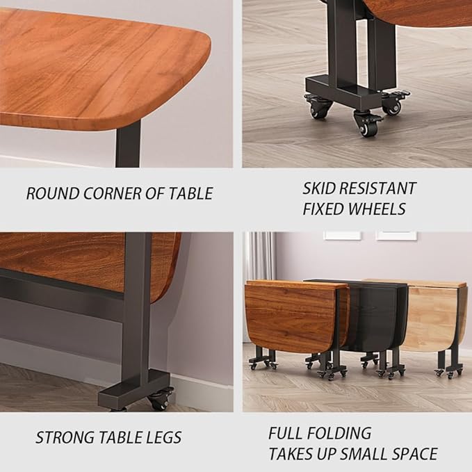 Multifunction Table Drop Leaf Dining Table - 47" Wooden Foldable Kitchen Table with 6 Wheels (Brown)