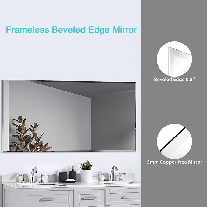 24x40 Inch Bathroom Mirror Frameless Beveled Edge Rectangle Wall Mirror Explosion Proof and Shatterproof Bathroom Vanity Mirror Wall Mounted Hang Firmly (Horizontal or Vertical)