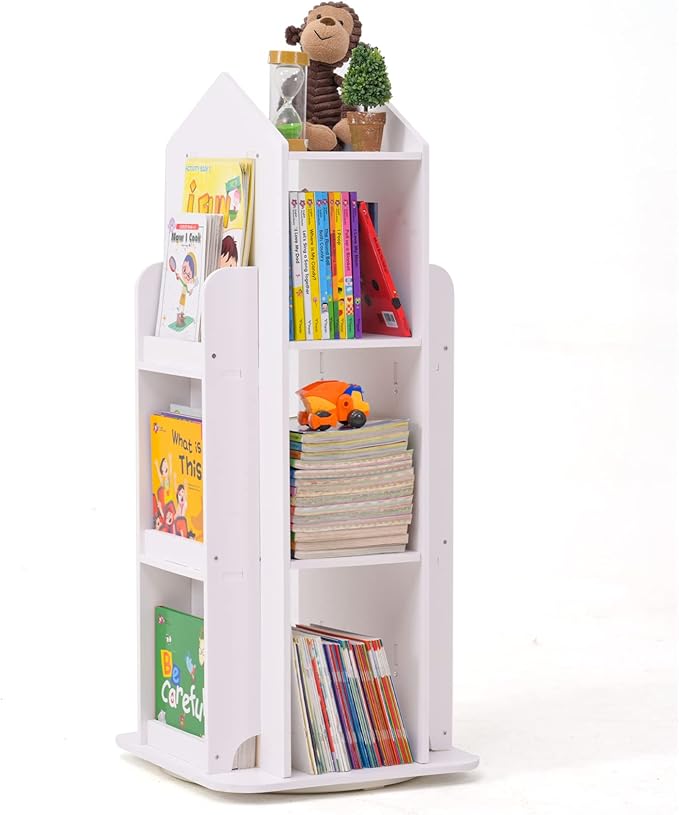 Rotating Bookshelf, 360 Display 3 Tier Floor Standing Bookcase Storage Rack, Kids Book Shelf Organizer, Small Corner Bookshelf for Small Space, for Bedroom, Living Room, White