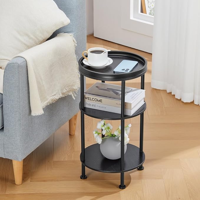 Small Round Side Table for Small Spaces, 3-Tier Round Accent Table Slim Side Table, Modern Sofa Corner Table for Living Room Nightstand Bedroom (Black)