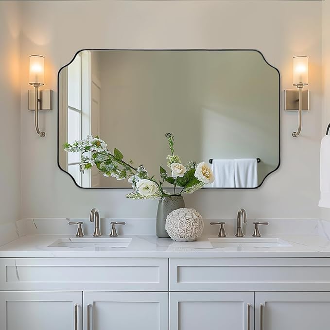 ANDY STAR 24x40 Inch Rectangle Bathroom Mirror, Brushed Nickel Scalloped Bathroom Mirror, Silver Bathroom Vanity Mirror, Unique Mirror in Rust-Proof Stainless Steel Frame (Horizontal/Vertical)