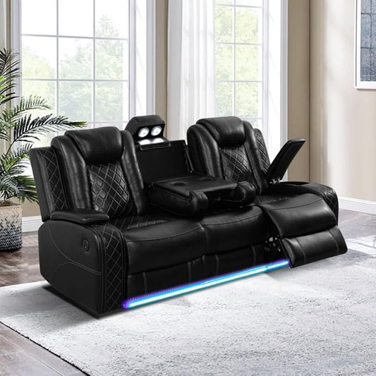 Electric Power Recliner Sofa Living Room Furniture, Comfy Home Theater Breathing Leather Seating with USB 2.0 Charging Ports, LED Light Strips, Fold-Down Table & Wireless Charging Device (Black)