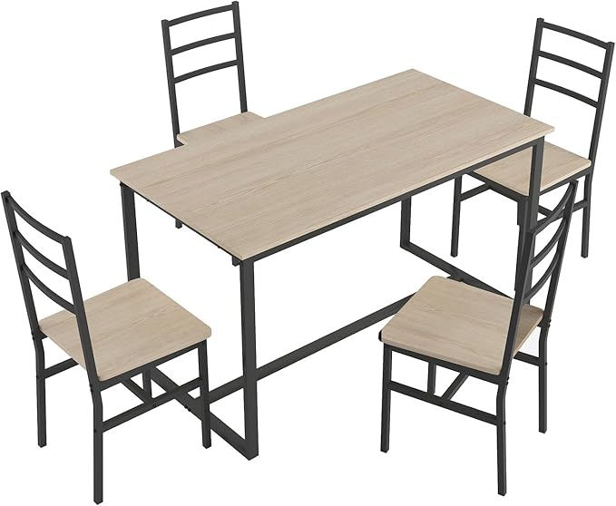 5-Piece Dining Table Set with 4 Chairs, 47.2" Kitchen Table Chairs Set of 4, Rectangular Industrial Style Dining Room Table Set with Backrest, Perfect for Small Space, Beige