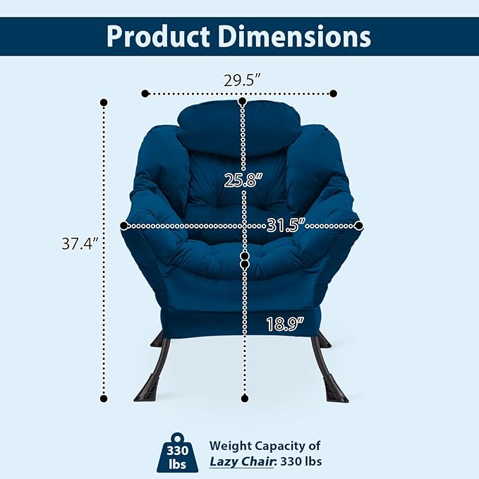 Lazy Chair Thick Padded, Comfy Velvet Accent Lounge Chair with Stable Frame, Leisure Sofa Armchair with Armrests and Side Pocket, Reading Chair for Bedroom, Living Room, Office, Blue