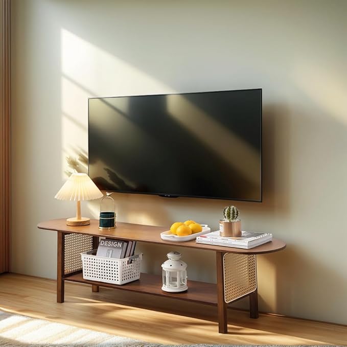 Tiita TV Stand with Storage for TVs up to 65'', Bamboo TV Console Entertainment Center with 2 Open Shelf, Mid Century Modern Media Console for Living Room, Bedroom, Walnut