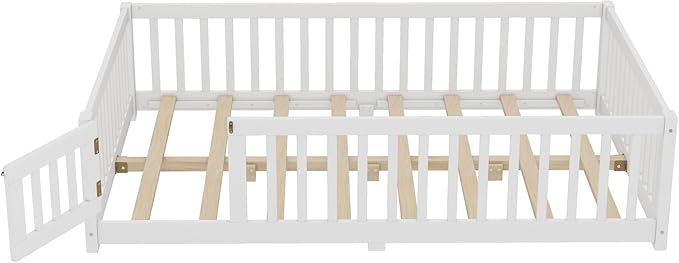 Bellemave Full Floor Bed with Slats and Safety Guardrails, Kids Montessori Floor Beds with Fence and Door, Easy Assemble Floor Bed for Kids, Girls, Boys, White