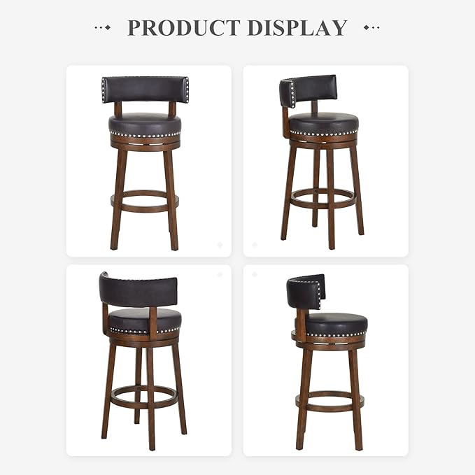 COLAMY Swivel Bar Stools Set of 4, 30 Inch Swivel Bar Height Bar Stools, Wood Swivel Barstools with Back, Modern Upholstered Wooden Barstools for Kitchen Island Dining Room Bar, Dark Brown