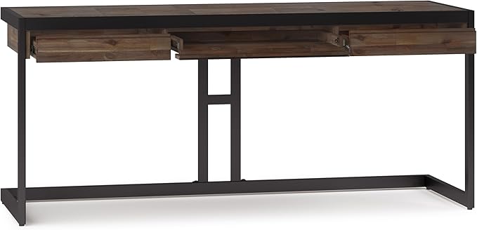SIMPLIHOME Erina Large Desk - 72-Inch Wide Solid Acacia Wood and Metal Writing Desk in Rustic Natural Aged Brown, Modern Industrial Home Office Computer Table with Drawers and Flip-Down Keyboard Tray