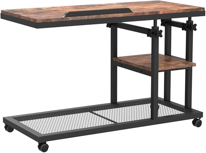 Tribesigns Height Adjustable C Table with Wheels, Mobile Couch Snack Side Table with Tiltable Drawing Board, Sofa Bedside Laptop Stand C Shaped TV Tray with Storage Shelves (Brown)