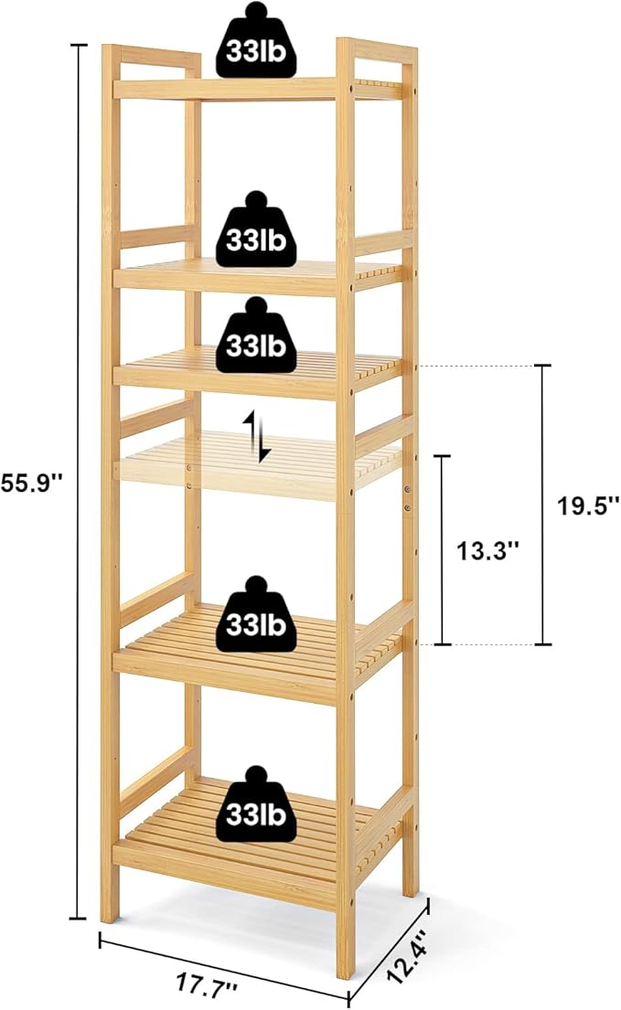Homykic Bamboo Bookshelf, 5-Tier Narrow 55.9” Adjustable Book Shelf Bookcase Bathroom Shelves Freestanding Storage Stand for Living Room, Bedroom, Kitchen, Rust Resistance, Easy Assembly, Natural