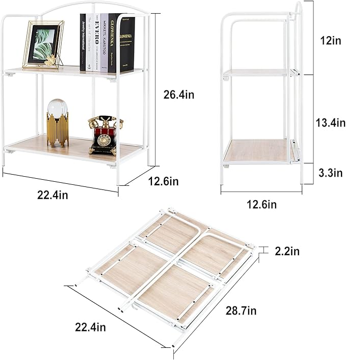 Crofy No Assembly Folding Bookshelf for Living Room, 2 Tier White Collapsible Book Shelf for Home Office, Portable Bookcase Storage Organizer