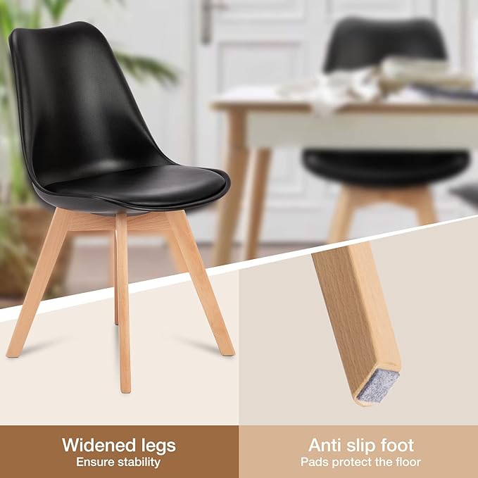 OLIXIS Dining Chairs Set of 4 Mid-Century Modern Dinning Chairs, Living Room Bedroom Outdoor Lounge Chair PU Leather Cushion and Wood Legs, Black