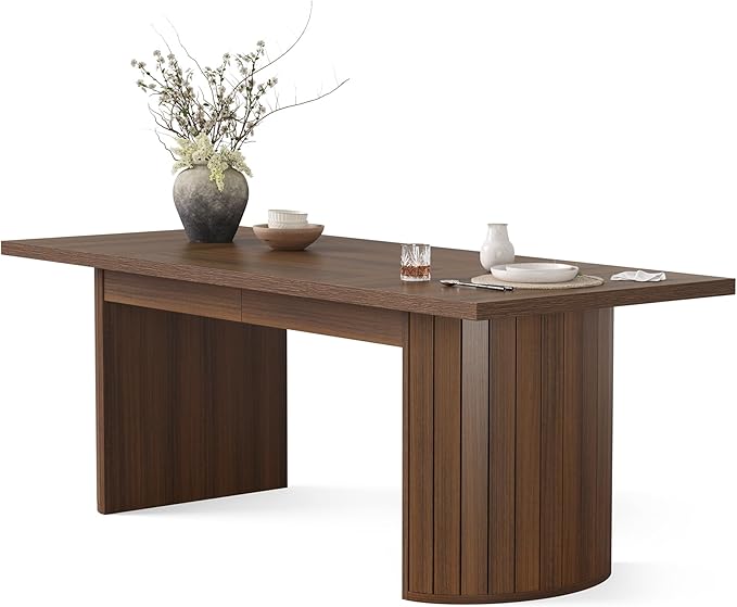 1Easylife 78.74 Inches Long Dining Table for 6, All Wooden Rectangle Kitchen Table, Vintage Dinner Table, Large Dining Room Tables with Half Round Pedestal Fence Design, Deep Brown