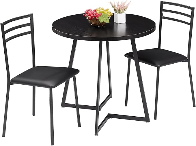 VECELO Small Round Dining Table Set for 2, Heavy-Duty Metal Frame & Upholstered Chair for Breakfast Nook, Kitchen, and Small Space, Black