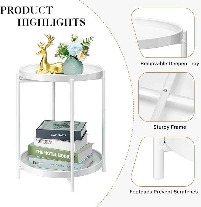Danpinera 2 Tier Metal Side Table with Removable Tray - Round Accent Table, Anti-Rust White Nightstand for Bedroom, Balcony, Patio