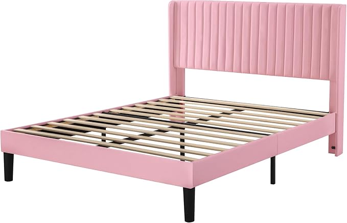 Allewie Full Size Velvet Bed Frame/Vertical Channel Tufted Wingback Headboard/Upholstered Platform Bed/Strong Wooden Slats/No Box Spring Needed/Easy Assembly/Pink