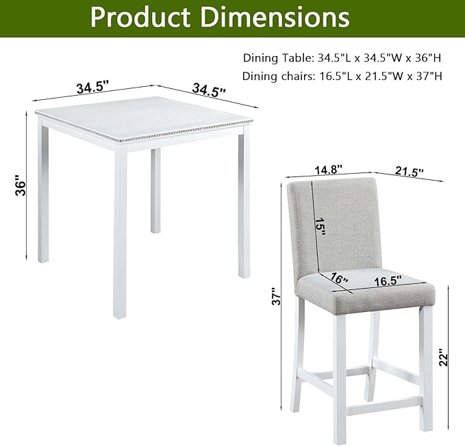 KEIKI 5-Piece Counter Height Dining Table Set with Square Table and 4 Upholstered Chair, for 4 Person, Modern Style Crystal Decoration Wooden Table Set, Easy Assembly, for Kitchen, Dining Room,White