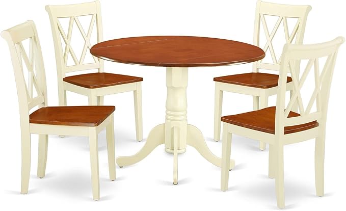 East West Furniture DLCL5-BMK-W 5 Piece Dining Room Table Set Includes a Round Dining Table with Dropleaf and 4 Wood Seat Chairs, 42x42 Inch, Buttermilk & Cherry