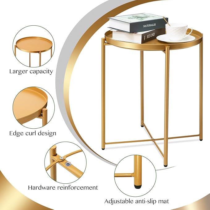 danpinera Gold Side Table 2 Pack, End Table for Small Spaces Outdoor Accent Table Round Metal Patio Coffee Table Waterproof Removable Tray for Living Room Bedroom Balcony Office