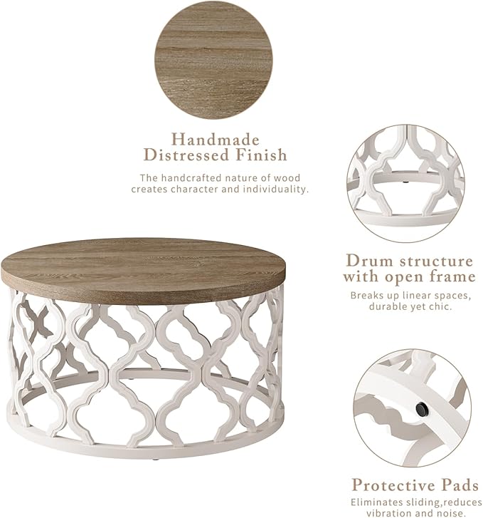 karlott Farmhouse Coffee Table, French Country Round Coffee Table, Coastal Coffee Table with Distressed Wood Top, Boho Coffee Table with Curved Motif Frame Base for Living Room, Dining Room, Bedroom