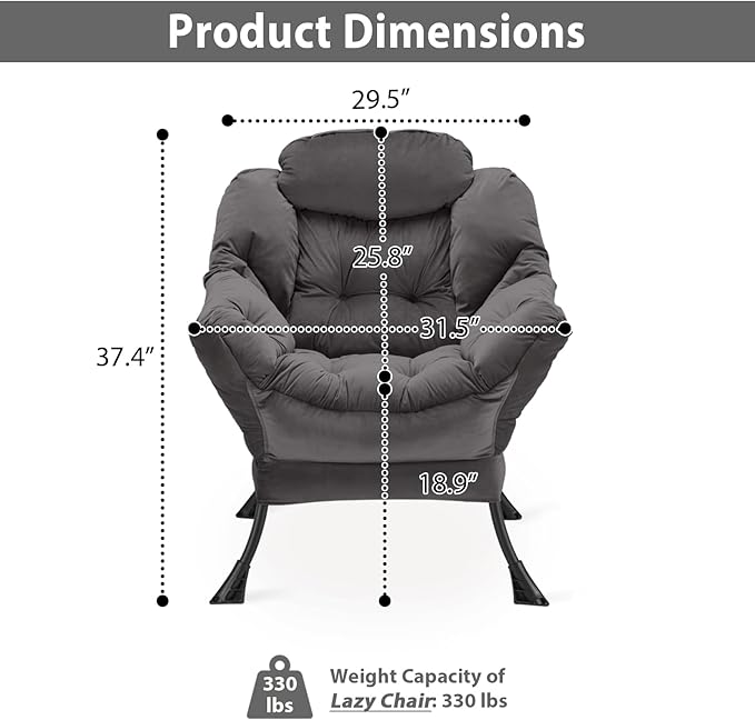Lazy Chair Thick Padded, Comfy Velvet Accent Lounge Chair with Stable Frame, Leisure Sofa Armchair with Armrests and Side Pocket, Reading Chair for Bedroom, Living Room, Office, Charcoal