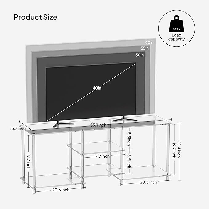 Eglaf Acrylic 55 Inch TV Stand - 3-Tier Entertainment Center - Clear TV Console Table with Open Storage Shelves, for Living Room, Bedroom - 55.1'' L x 15.7'' W x 22.4'' H, (TVs up to 60 Inch)