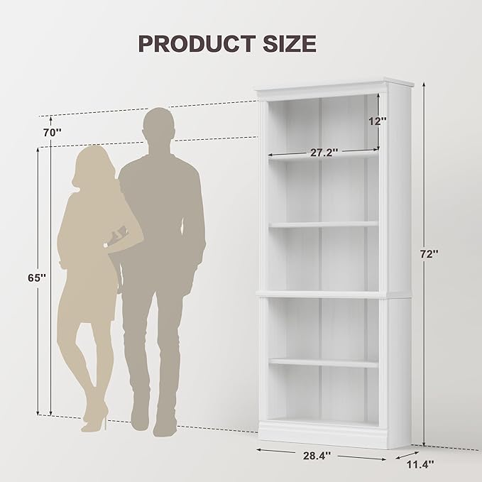 YESHOMY 72" Bookcase and Bookshelf, 5-Tier Wood Bookcases with Shelves, Tall Floor Standing Book Shelf Storage Cabinet Home Decor Furniture for Living Room, Home Office, White, 2 PCS