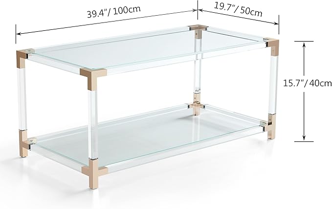 Saint Mossi Glass Coffee Table Living Room, Modern Double Layer Glass Living Table for Living Space, L41 x W21 x H16, Clear Glass Top, Clear Acrylic Leg & Rose Gold Frame
