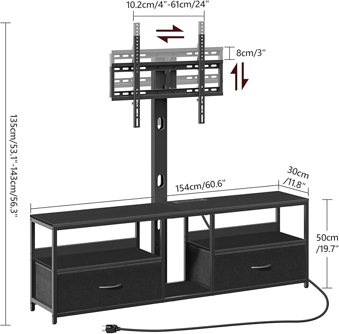TV Stand with Mount for up to 65", Entertainment Center with Switch-Controlled Charging Station, Swivel TV Stand Mount with Fabric Drawers, for Living Room, Black TVBK154E01