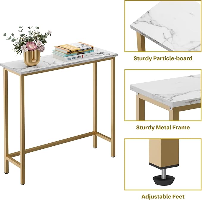 HollyHOME Narrow Hallway Table, 29.5" Small Console Stand, Slim Entryway Table, Sofa Desk, for Hallway, Bedroom, Living Room, Foyer, Marble Texture