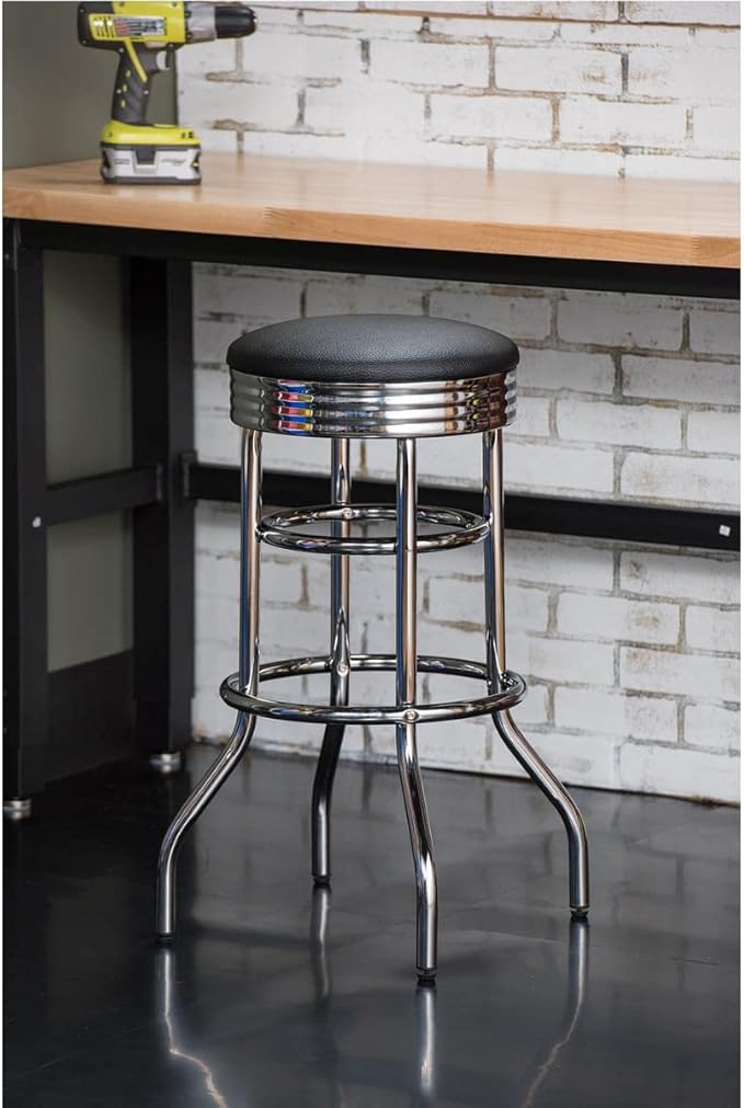 TRINITY Heavy Duty 30-Inch Backless Swivel Bar Stool for Kitchen, Garage, or Workshop, Chrome Finish with Faux Leather Seat, 1 Pack Pre-Assembled, Black