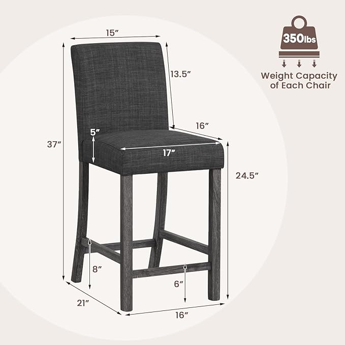 COSTWAY Upholstered Counter Height Stools Set of 2, Bar Stools w/Ergonomic Backrest, Solid Wood Frame, 24.5” Fabric Counter Height Chairs for Kitchen Island, Dining Room, Pub (Grey)