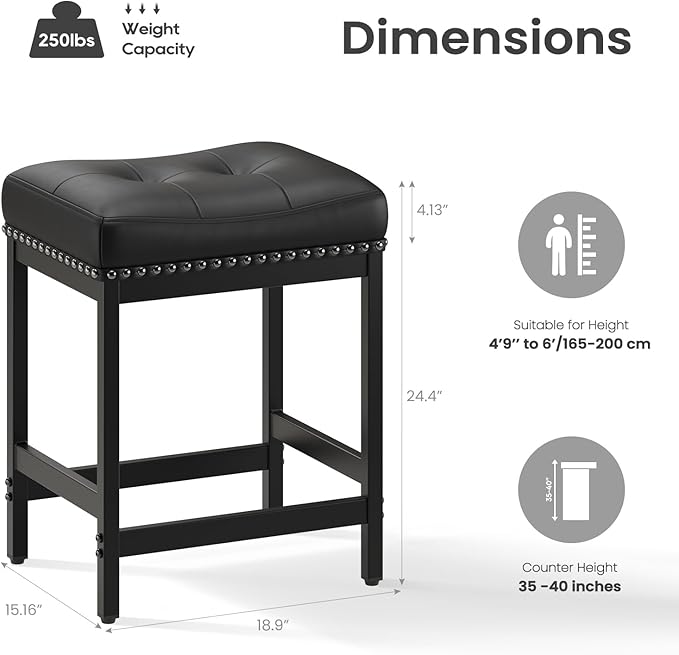 MALOL Set of 2 Saddle Bar Stools Counter Height 24.4”, Black Backless Barstools for Kitchen Island, Modern PU Leather Cushioned Seat, Bar Chairs for Kitchen Counter, Breakfast Bar Stools for Home