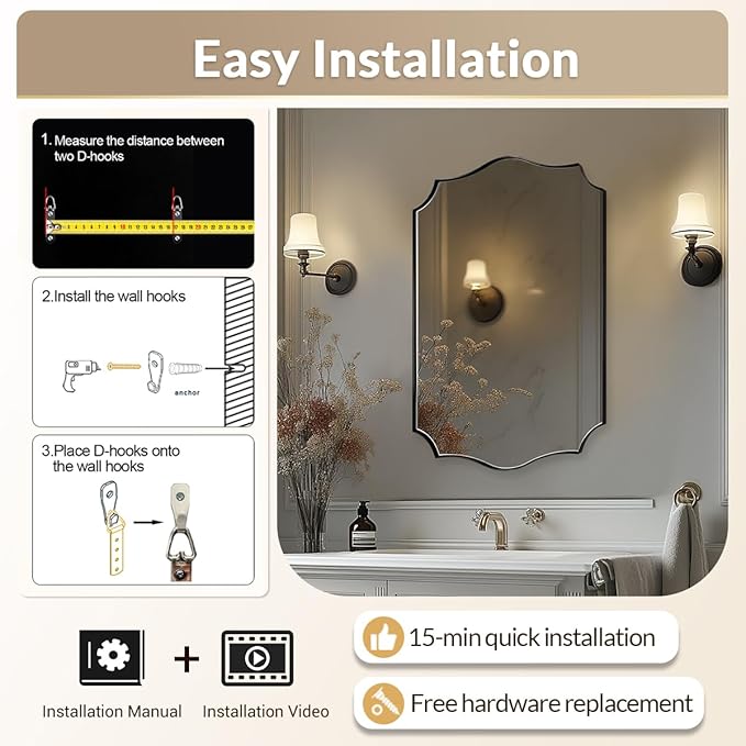 Black Bathroom Mirror, 24x32 Unique Irregular Mirror, Rectangle Mirror with Wavy Edge in Premium Stainless Steel Metal Frame 1" Deep, Wall Mounted Horizontal/Vertical