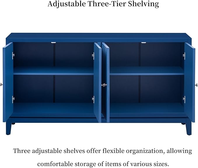 Merax 60" Sideboard Buffet Storage Cabinet with 4 Doors and Adjustable Shelves, Modern Wooden Accent Fluted Credenza Console Table for Kitchen, Dining, Living Room, Coffee Bar, Entryway, Navy Blue