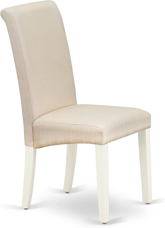 East West Furniture AMBA3-LWH-01 3 Piece Modern Dining Table Set Contains a Round Kitchen Table with Pedestal and 2 Cream Linen Fabric Upholstered Parson Chairs, 36x36 Inch, Linen White