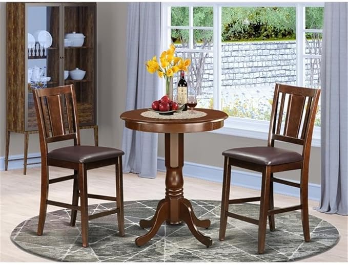 East West Furniture EDBU3-MAH-LC 3 Piece Counter Height Dining Table Set Contains a Round Wooden Table with Pedestal and 2 Faux Leather Upholstered Chairs, 30x30 Inch, Mahogany